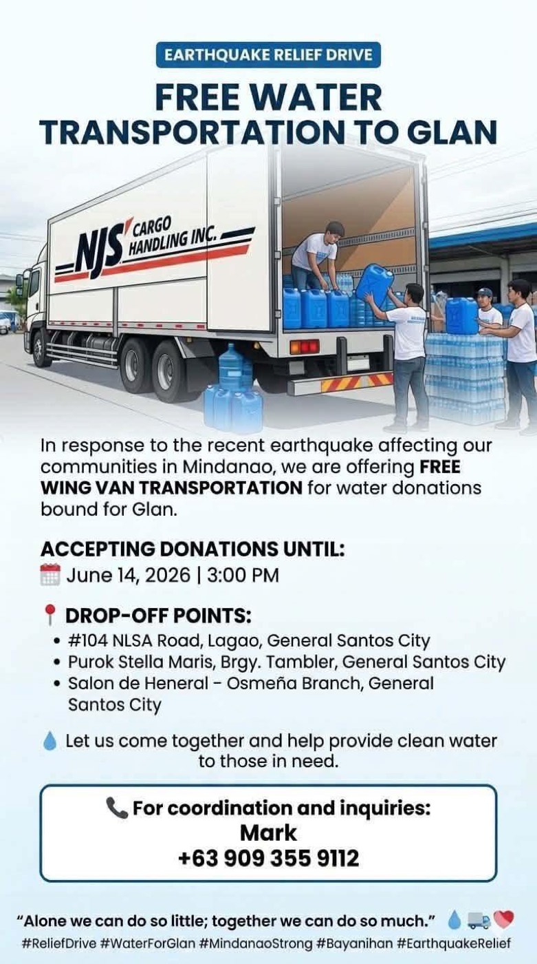 Free wing van transport for water donations bound for Glan